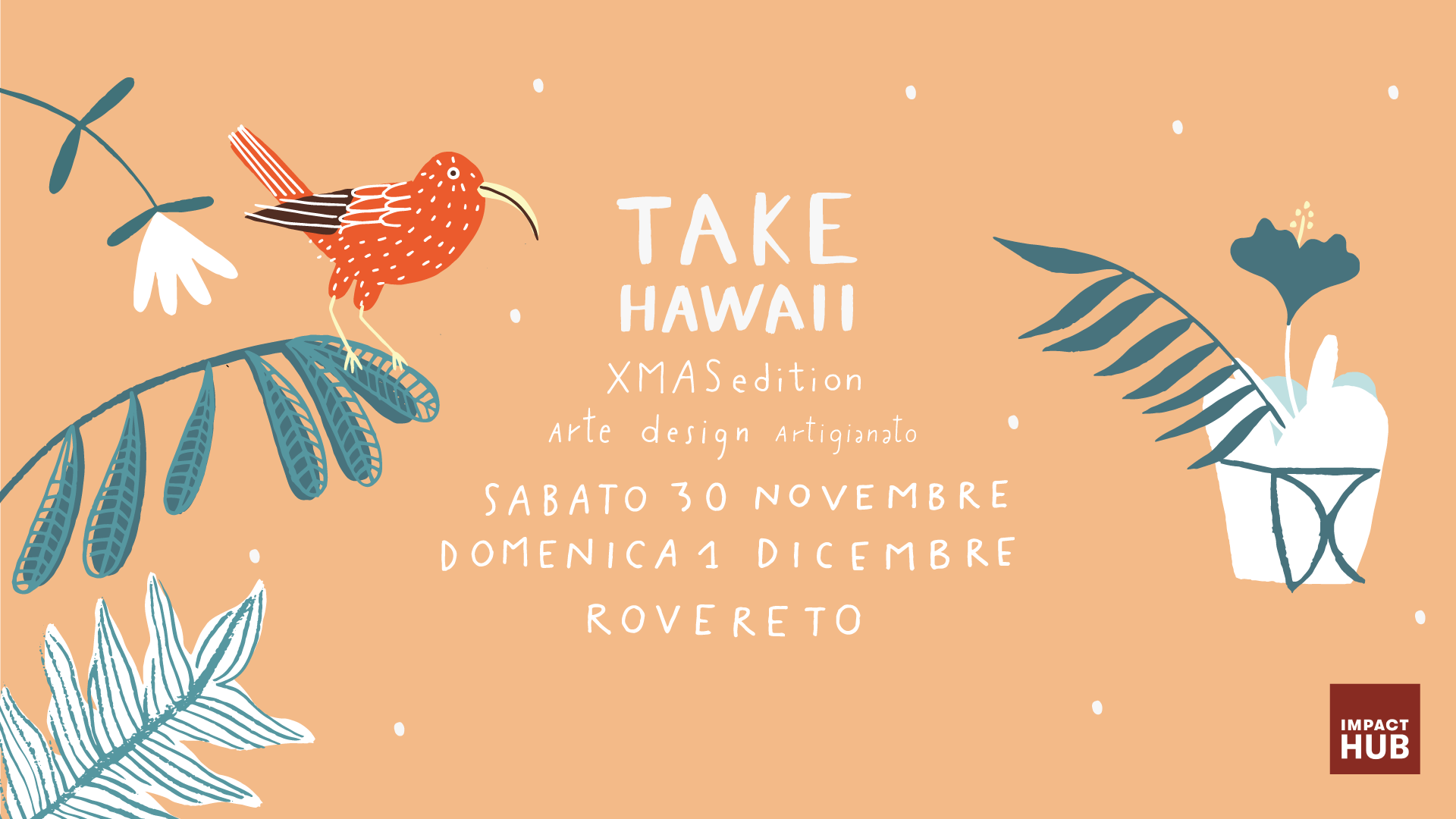 Take Hawaii è un’occasione per chi è alla ricerca di rarità, oggetti unici e curiosi e originali. Un momento d’incontro, scambio, ritrovo e musica. È un mercatino dell’handmade dove scoprire pezzi unici, creativi, di design e di qualità. Appuntamento con l’edizione di Natale