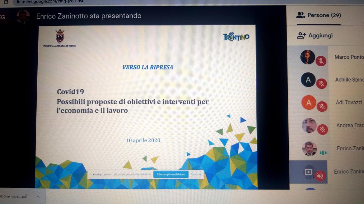 I rappresentanti del Terzo Settore hanno partecipato oggi ad una delle video conferenze tenute dalla &quot;task force&quot; provinciale sul futuro dell'economia e coordinata dall'assessore Achille Spinelli. Precedentemente il team, moderato dal prof. Enrico Zaninotto e dal dirigente della Provincia Giovanni Gardelli, aveva incontrato sindacati ed enti locali.“Oggi sono emersi stimoli importanti – ha sottolineato l’assessore Spinelli al termine degli incontri – in primo luogo, dobbiamo unire le forze e immaginare assieme un futuro diverso. Fra i tanti spunti emersi: l'importanza dello smart-working e conseguenti investimenti nell’infrastrutturazione digitale e nella formazione, difesa dei soggetti deboli sul mercato del lavoro, anche rivedendo strumenti ‘maturi’ come il Progettone, uso della leva dei lavori pubblici, velocizzazione delle pratiche della pubblica amministrazione e sburocratizzazione. 