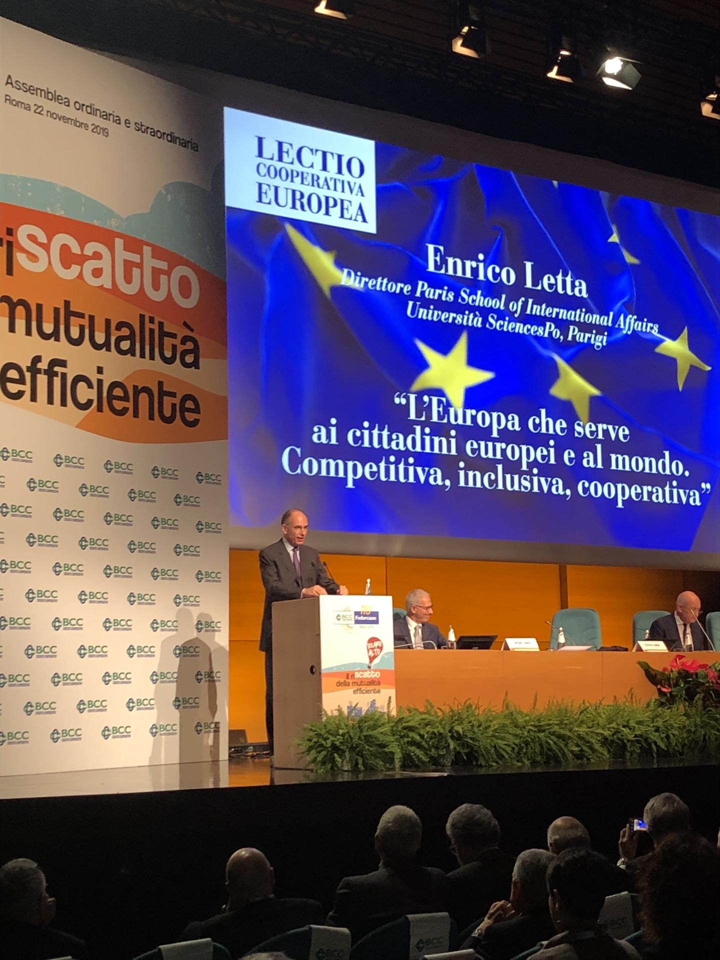 Intervento oggi a Roma del prof. Enrico Letta, già premier ed attualmente direttore della Paris School of International Affairs, con una &quot;lectio cooperativa europea&quot; dal titolo: Per una Europa più “competitiva, inclusiva, cooperativa”